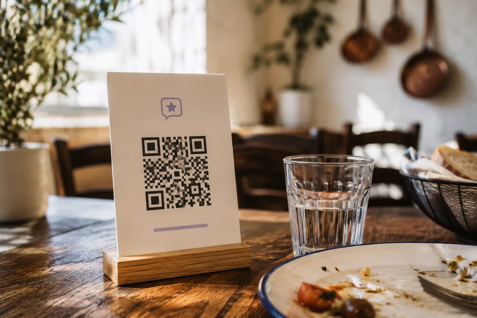 QR code review κάρτα σε τραπέζι ελληνικού εστιατορίου με φως ημέρας