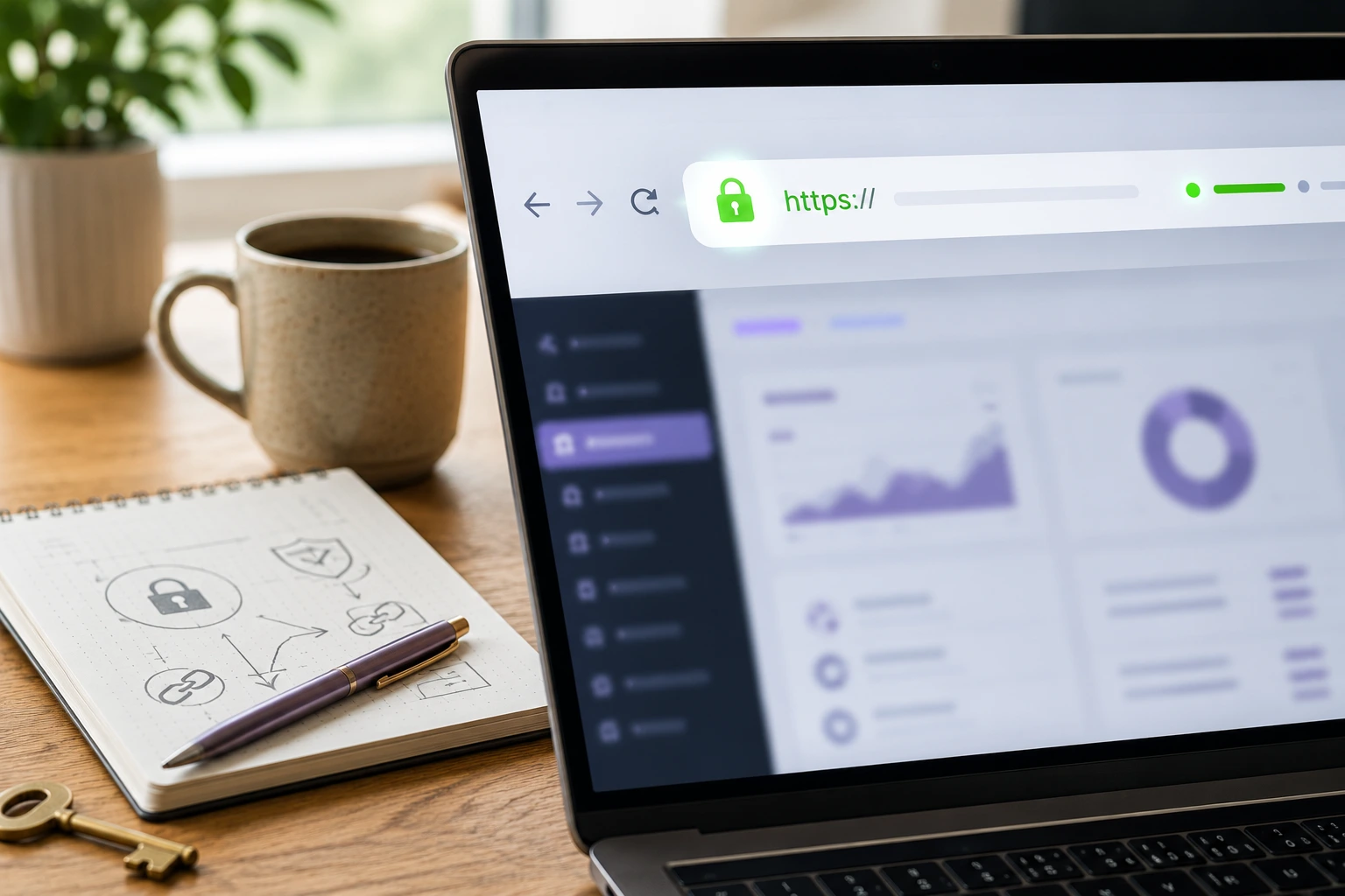 SSL padlock σε browser με WordPress admin dashboard στο φόντο, ασφαλής σύνδεση και HTTPS