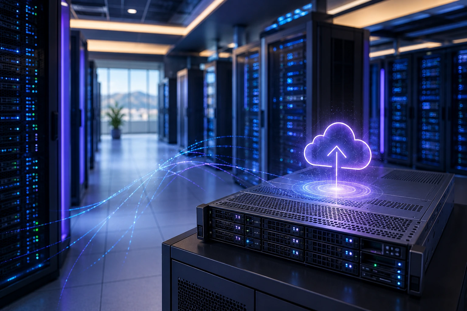 WordPress security backup, server room με rack systems και cloud sync icons σε ελληνικό data center περιβάλλον
