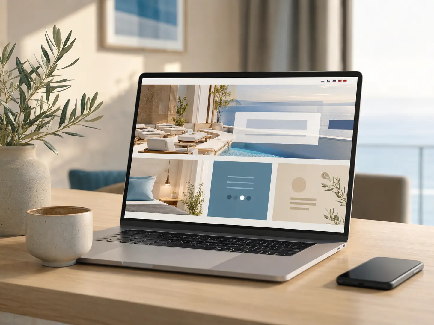 laptop με πολύγλωσση ιστοσελίδα ξενοδοχείου και επιλογέα γλώσσας, setup WPML για τουριστική επιχείρηση