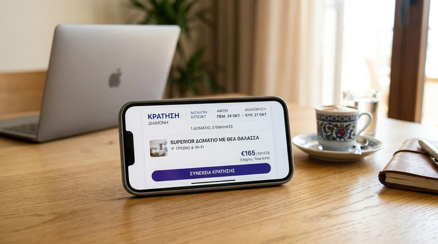 οθόνη κινητού με σύστημα κρατήσεων ξενοδοχείου, επιλογή ημερομηνιών και τιμής για απευθείας κράτηση