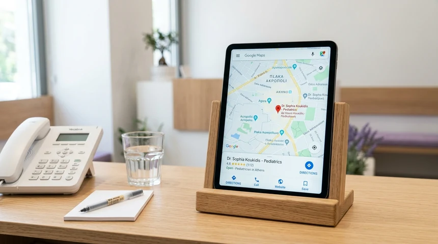 Google Business Profile ιατρείου: tablet στη reception ελληνικού ιατρείου με θολή εφαρμογή χάρτη, χωρίς πρόσωπα